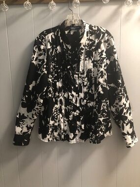 Jones New York Women’s Black/White XL Geometric Blouse Pintuck Design